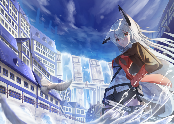 Anime picture 1500x1072 with original shiro youduki single long hair looking at viewer blush fringe hair between eyes red eyes standing animal ears sky silver hair cloud (clouds) outdoors white hair tail long sleeves head tilt animal tail