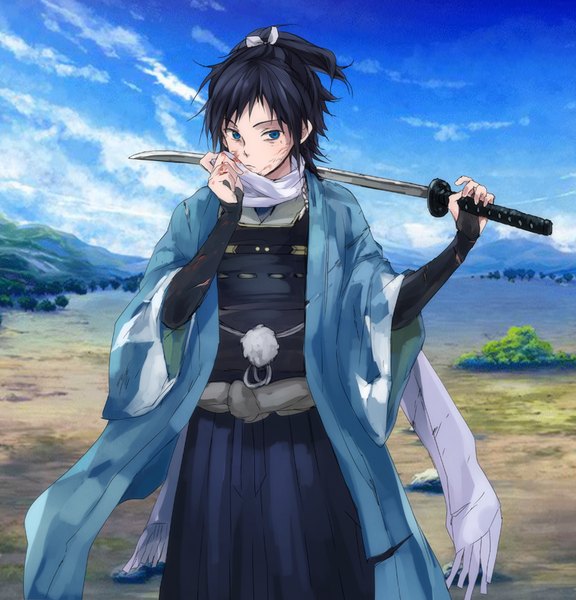 Anime picture 800x834 with touken ranbu nitroplus yamato no kami yasusada nuriko-kun (artist) single tall image short hair black hair looking away sky cloud (clouds) ponytail traditional clothes japanese clothes wind weapon over shoulder shinsengumi boy weapon sword