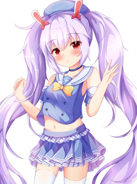 Anime picture 660x886 with azur lane laffey (azur lane) laffey (bunny clerk?) (azur lane) kedama (kedama akaza) single tall image looking at viewer blush fringe simple background hair between eyes red eyes standing white background twintails bare shoulders animal ears payot purple hair very long hair