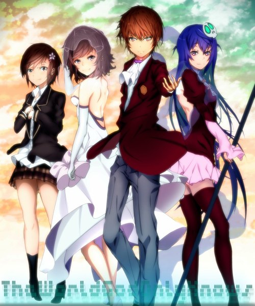 Anime picture 1250x1500 with kami nomi zo shiru sekai haqua du lot herminium takahara ayumi katsuragi keima kosaka chihiro tagme (artist) long hair tall image looking at viewer short hair brown hair purple eyes multiple girls brown eyes blue hair sky inscription zettai ryouiki girl thighhighs