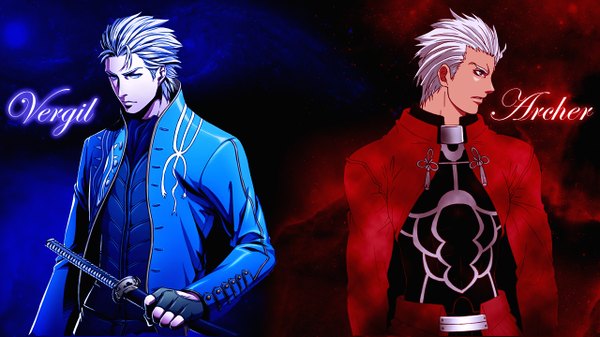 Anime picture 1280x720 with fate (series) fate/stay night devil may cry studio deen type-moon archer (fate) vergil short hair blue eyes wide image white hair profile inscription multiple boys boy weapon sword jacket fingerless gloves katana