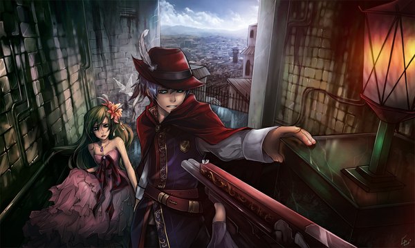 Anime picture 1024x614 with original unodu long hair short hair wide image bare shoulders silver hair hair flower aqua eyes green hair city girl dress boy hair ornament weapon hat belt jewelry feather (feathers)