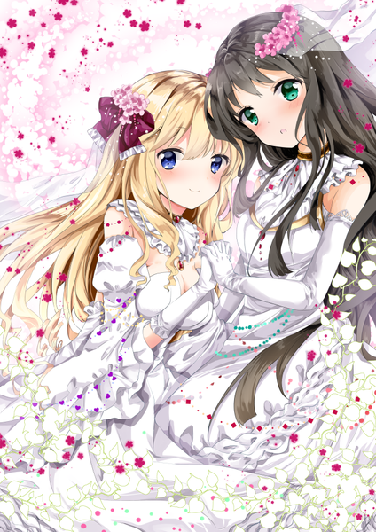 Anime picture 700x990 with original nanase nao long hair tall image looking at viewer blush fringe blue eyes black hair blonde hair smile multiple girls green eyes cleavage parted lips head tilt hair flower wide sleeves :o puffy sleeves