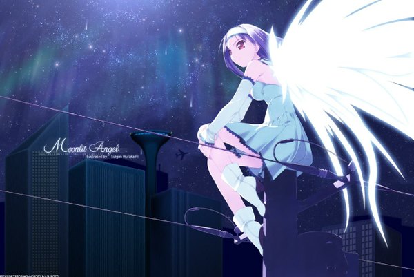Anime picture 1277x854 with d-a black yuriel arlencloyn murakami suigun shinta (minitokyo) single long hair red eyes sitting signed looking away purple hair full body outdoors night night sky third-party edit white wings girl dress detached sleeves