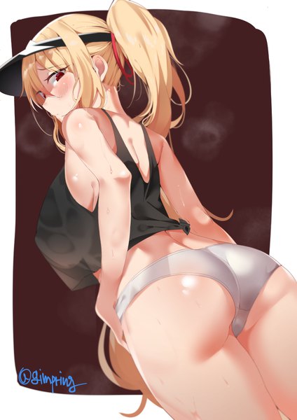 Anime picture 800x1131 with original k pring single long hair tall image looking at viewer blush fringe breasts light erotic simple background blonde hair hair between eyes red eyes large breasts standing signed payot ass ponytail