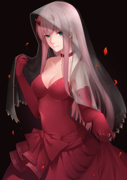 Anime picture 848x1200 with darling in the franxx studio trigger zero two (darling in the franxx) scal2let single long hair tall image looking at viewer fringe breasts simple background hair between eyes standing bare shoulders pink hair cleavage horn (horns) aqua eyes light smile dark background