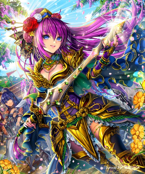 Anime picture 800x960 with sengoku saga ells (ellsat) long hair tall image looking at viewer blush fringe breasts open mouth blue eyes smile hair between eyes standing multiple girls holding blue hair sky purple hair cloud (clouds) outdoors