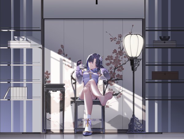 Anime picture 3622x2741 with virtual youtuber a-soul carol (a-soul) qfffffg single looking at viewer highres short hair sitting purple eyes absurdres purple hair full body indoors traditional clothes head tilt barefoot hair flower shadow crossed legs