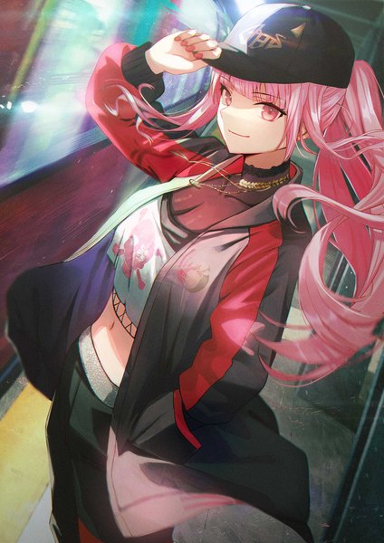 Anime picture 1447x2046 with virtual youtuber hololive hololive english mori calliope mori calliope (streetwear) sanada keisui single long hair tall image looking at viewer fringe breasts smile standing pink hair ponytail blunt bangs nail polish pink eyes fingernails