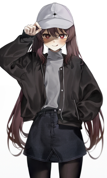 Anime picture 1182x1968 with genshin impact hu tao (genshin impact) solcha single long hair tall image looking at viewer blush fringe simple background smile hair between eyes red eyes brown hair standing white background twintails open jacket alternate costume symbol-shaped pupils
