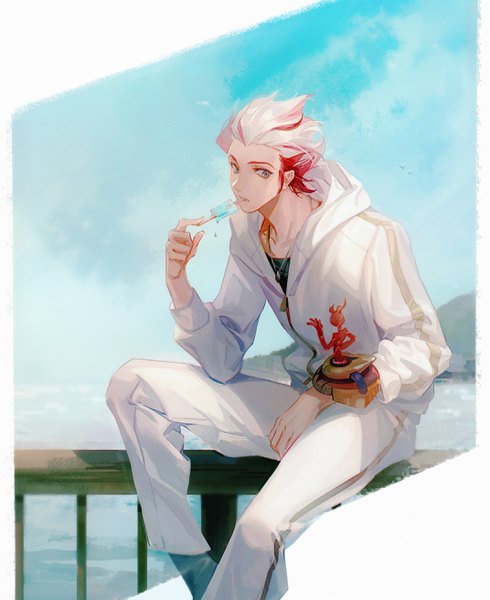 Anime picture 2141x2620 with yu-gi-oh! yuu-gi-ou vrains theodore hamilton whirlbone single tall image highres short hair sitting holding sky cloud (clouds) bent knee (knees) white hair red hair multicolored hair two-tone hair grey eyes mouth hold looking down