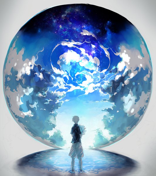 Anime picture 1624x1831 with tokyo ghoul studio pierrot kaneki ken yongkang single tall image short hair standing sky cloud (clouds) white hair from behind partially submerged boy flower (flowers) water shorts t-shirt bouquet