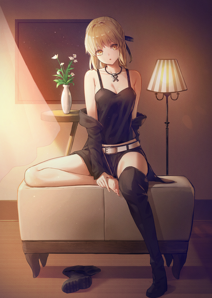 Anime picture 1530x2145 with fate (series) fate/grand order artoria pendragon (all) saber alter cp (tlstjdghek) single tall image looking at viewer fringe short hair breasts blonde hair sitting bare shoulders holding yellow eyes cleavage full body bent knee (knees) indoors