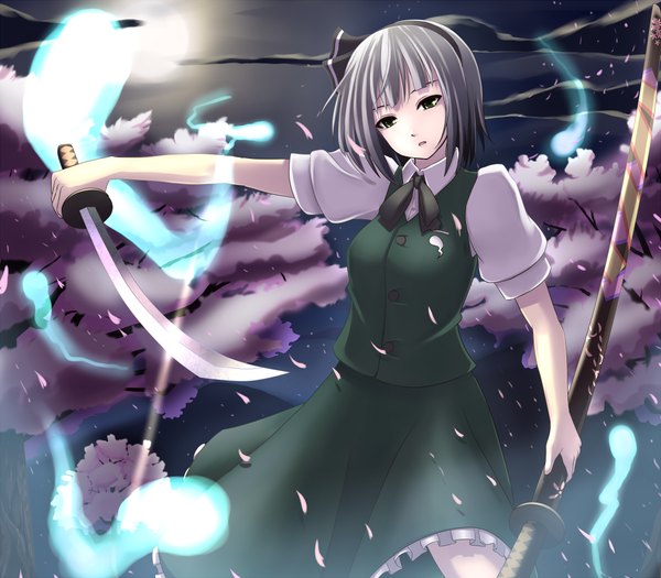 Anime picture 1000x875 with touhou konpaku youmu tog (shoten) single short hair green eyes silver hair cherry blossoms ghost girl dress skirt weapon petals sword hairband katana moon skirt set