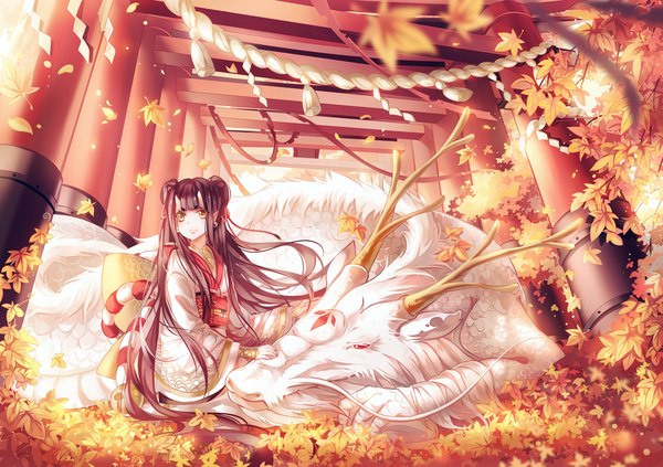 Anime picture 1500x1059 with original instockee looking at viewer black hair yellow eyes looking away very long hair traditional clothes japanese clothes horn (horns) light smile pointy ears oni horns autumn girl earrings animal kimono leaf (leaves) autumn leaves