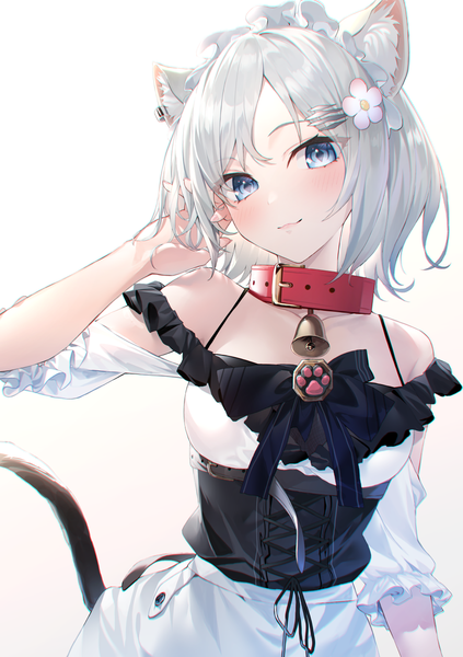 Anime picture 971x1376 with original hakuishi aoi single tall image looking at viewer blush fringe short hair blue eyes simple background standing bare shoulders animal ears silver hair tail head tilt animal tail arm up hair flower light smile