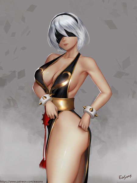 Anime picture 900x1200 with nier nier:automata street fighter capcom yorha no. 2 type b chun-li eason single tall image short hair breasts light erotic large breasts bare shoulders signed silver hair ass traditional clothes lips mole