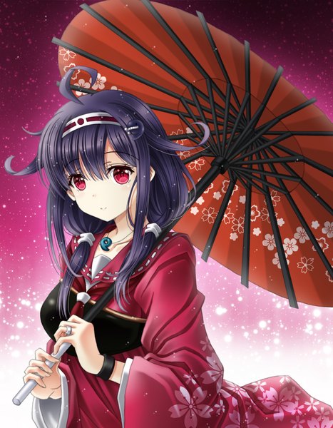 Anime picture 1400x1800 with kantai collection taigei light aircraft carrier ryuuhou seaplane tender amou yuu single long hair tall image fringe hair between eyes red eyes twintails looking away purple hair upper body ahoge low twintails floral print girl umbrella headband