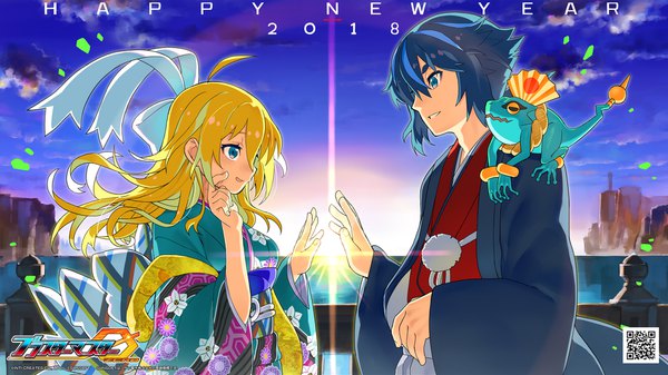 Anime picture 1920x1080 with blaster master zero inti creates eve (blaster master zero) fred (blaster master zero) jason frudnick natsume yuji long hair highres short hair blue eyes black hair blonde hair wide image upper body ahoge traditional clothes japanese clothes profile official art horizon