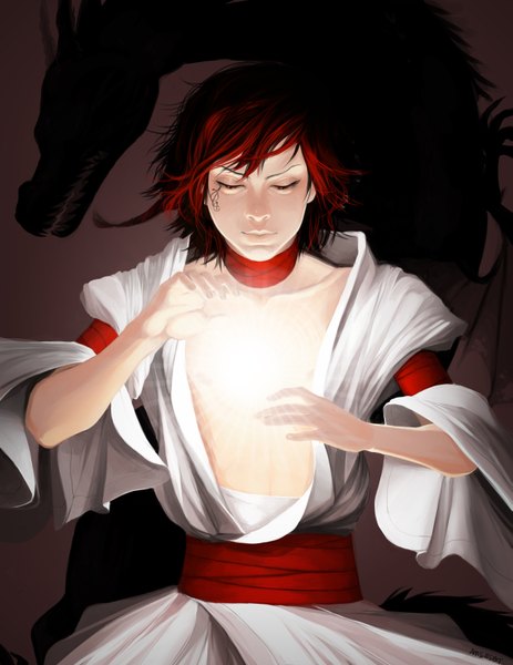 Anime picture 2550x3300 with original amsbt tall image highres short hair red eyes red hair realistic magic facial mark looking down silhouette face paint boy animal wings dragon