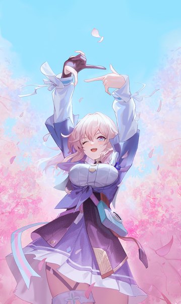 Anime picture 2480x4146 with honkai: star rail honkai (series) march 7th (honkai: star rail) yal (lily910218) single long hair tall image fringe highres open mouth blue eyes hair between eyes standing pink hair outdoors one eye closed wind arms up cherry blossoms looking up