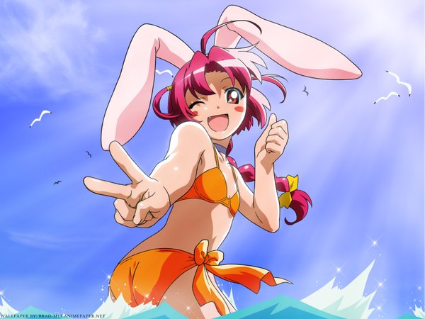 Anime picture 1600x1200 with nurse witch komugi-chan tatsunoko nakahara komugi single light erotic smile white background animal ears ahoge ass ponytail braid (braids) one eye closed pink eyes looking back wink fang (fangs) bunny ears wallpaper single braid