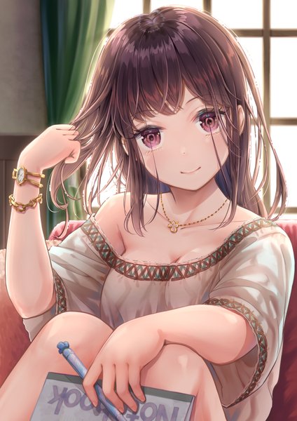 Anime picture 1240x1754 with original akasaka asa single long hair tall image looking at viewer blush fringe breasts smile brown hair sitting holding payot bent knee (knees) indoors head tilt pink eyes arm up blurry
