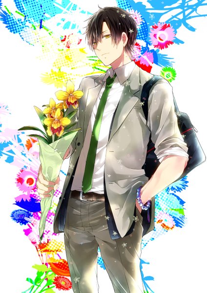 Anime picture 1000x1414 with original melo single tall image looking at viewer short hair black hair green eyes hand in pocket boy flower (flowers) necktie belt school bag suit beads bouquet