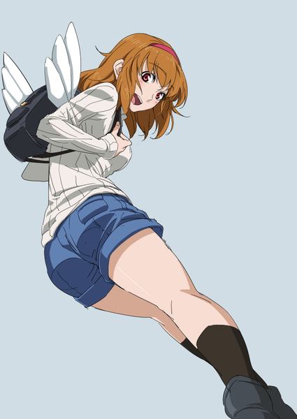 Anime picture 627x885 with kanon key (studio) tsukimiya ayu exocet single tall image looking at viewer blush short hair open mouth simple background red eyes brown hair from behind grey background from below fake wings girl wings socks