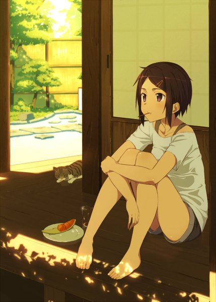 Anime picture 1000x1399 with original kinta (distortion) tall image blush short hair brown hair holding brown eyes bent knee (knees) sunlight legs mouth hold leg hug girl hair ornament plant (plants) animal tree (trees) food shorts