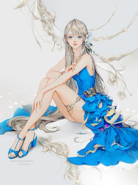 Anime picture 900x1203 with original dadachyo single tall image looking at viewer blue eyes sitting bare shoulders signed full body very long hair parted lips hair flower grey hair grey background crossed legs fashion girl dress flower (flowers)