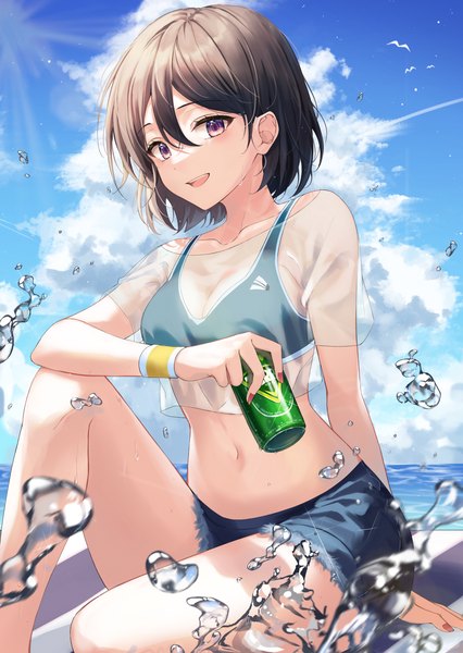 Anime picture 1600x2251 with original ekina (1217) single tall image looking at viewer blush fringe short hair breasts open mouth black hair hair between eyes sitting purple eyes holding sky cloud (clouds) outdoors nail polish :d