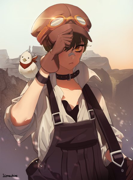 Anime picture 900x1215 with original ice machine single tall image looking at viewer fringe brown hair standing signed yellow eyes sky upper body outdoors arms up light mountain landscape partially open clothes twisty sleeves goggles on head