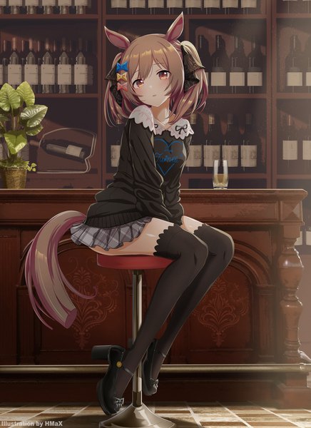 Anime picture 2000x2750 with umamusume smart falcon (umamusume) hmax single long hair tall image fringe highres hair between eyes brown hair sitting twintails animal ears looking away full body indoors tail animal tail pleated skirt horse ears