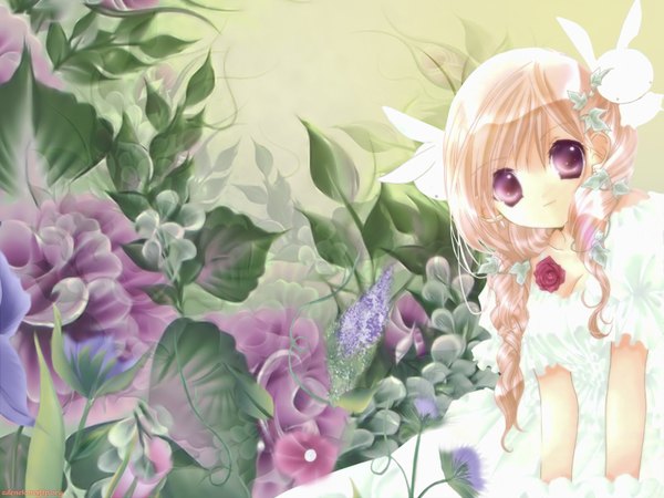 Anime picture 1600x1200 with pita ten misha (pita ten) koge donbo single long hair looking at viewer fringe short hair blonde hair hair between eyes sitting purple eyes upper body light smile drill hair girl dress hair ornament flower (flowers) white dress