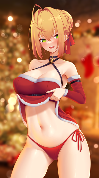 Anime picture 2500x4500 with fate (series) fate/extra nero claudius (fate) (all) nero claudius (fate) z.taiga single tall image blush fringe highres short hair breasts open mouth light erotic blonde hair smile hair between eyes large breasts standing bare shoulders