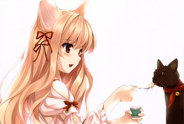 Anime picture 4876x3285 with cradle (artist) kuroya shinobu long hair highres open mouth red eyes white background animal ears profile cat ears scan cat girl girl ribbon (ribbons) cat spoon