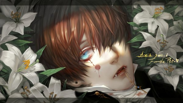 Anime picture 1000x564 with original axis (artist) single looking at viewer fringe open mouth blue eyes brown hair wide image sunlight teeth fang (fangs) vampire boy flower (flowers) earrings blood jewelry cross lily (flower)