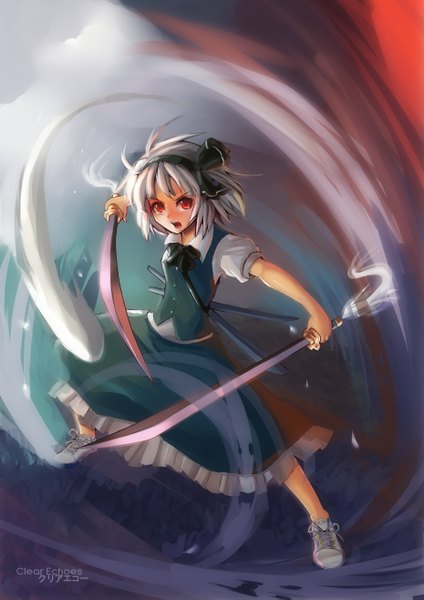 Anime picture 1860x2630 with touhou konpaku youmu myon clearechoes single tall image highres short hair open mouth red eyes signed silver hair girl dress weapon sword hairband bowtie katana sneakers