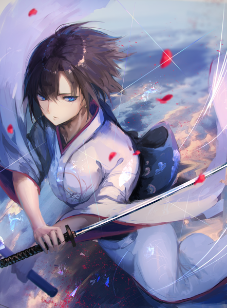 Anime picture 1654x2244 with kara no kyoukai type-moon ryougi shiki rean (r ean) single tall image fringe short hair blue eyes black hair hair between eyes holding looking away outdoors traditional clothes japanese clothes from above wind sparkle depth of field