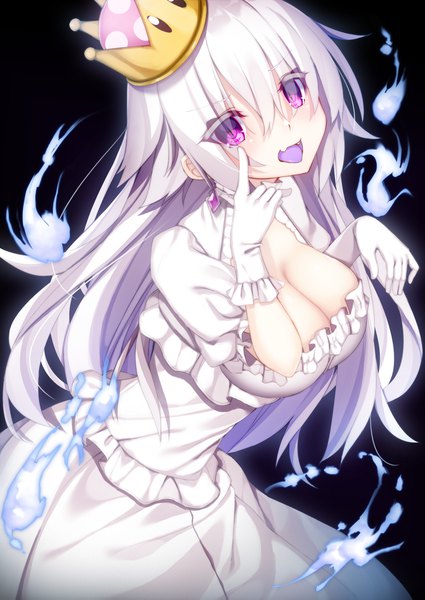 Anime picture 1433x2023 with super mario bros. new super mario bros. u deluxe princess king boo chikuwabuta single long hair tall image looking at viewer blush breasts open mouth light erotic simple background large breasts purple eyes cleavage silver hair head tilt fang (fangs) black background