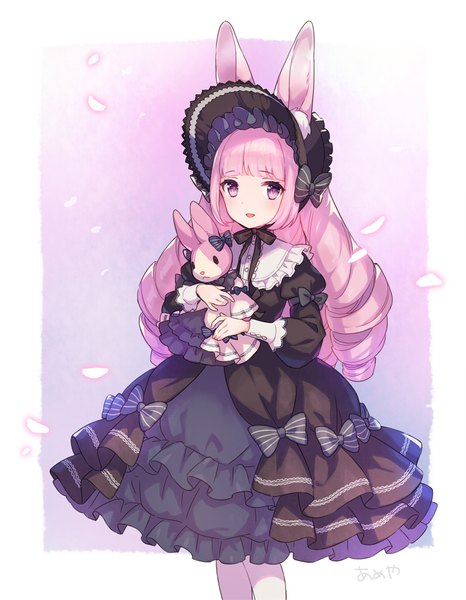 Anime picture 933x1200 with original ame8desu single long hair tall image fringe standing signed animal ears pink hair blunt bangs pink eyes bunny ears drill hair frilled dress lolita fashion goth-loli girl dress bow