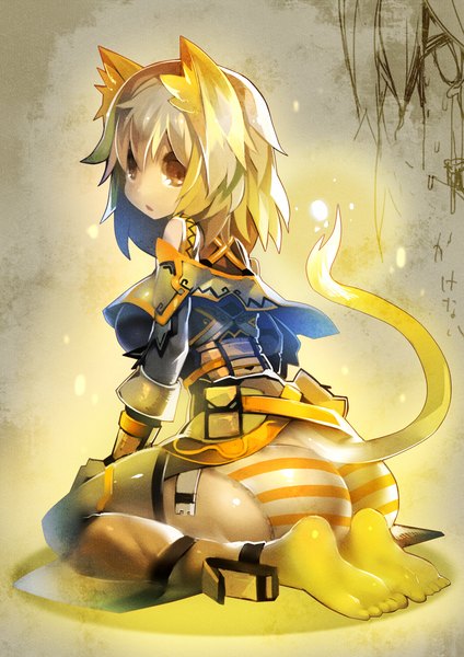 Anime picture 1060x1500 with original mamuru single tall image looking at viewer short hair breasts open mouth light erotic blonde hair simple background sitting brown eyes animal ears ass tail animal tail looking back cat ears cat tail