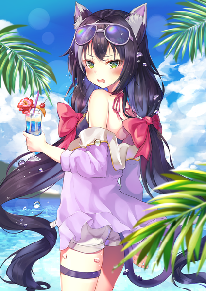Anime picture 1488x2105 with princess connect! re:dive princess connect! karyl (princess connect!) hyonee single long hair tall image looking at viewer blush fringe breasts black hair hair between eyes standing twintails bare shoulders holding green eyes animal ears sky