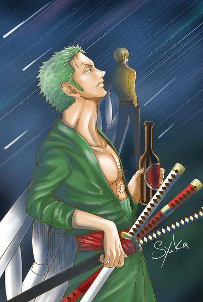 Anime picture 863x1280 with one piece toei animation roronoa zoro sanji one syuka tall image short hair blonde hair standing holding signed yellow eyes full body profile green hair from behind open clothes multiple boys looking up hand in pocket