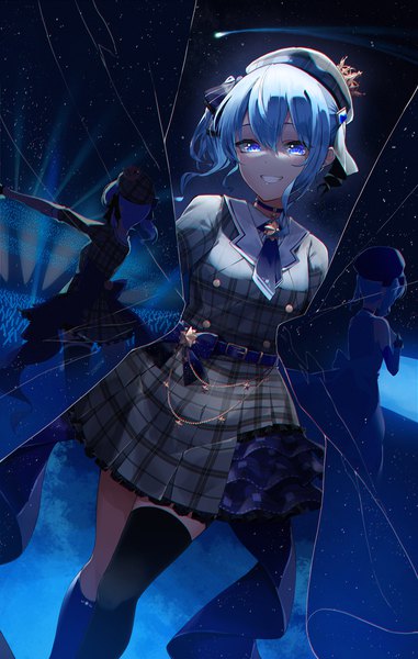 Anime picture 910x1434 with virtual youtuber hololive hoshimachi suisei hoshimachi suisei (1st costume) toto (kuro toto) single long hair tall image looking at viewer blue eyes smile blue hair grin side ponytail multiview asymmetrical legwear girl dress choker curtains