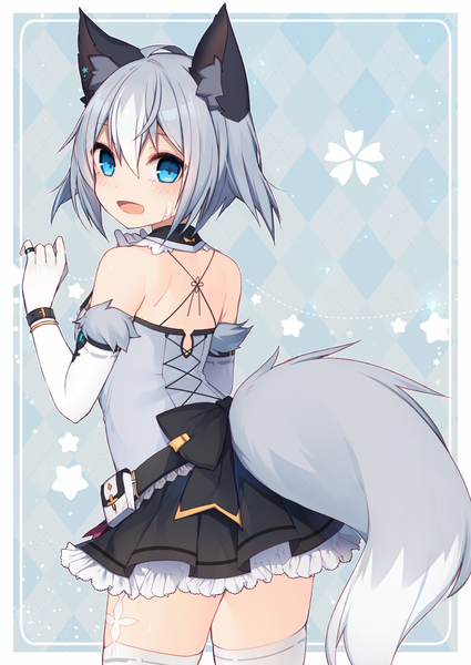 Anime picture 850x1200 with original muryotaro single tall image looking at viewer blush fringe short hair open mouth blue eyes hair between eyes bare shoulders animal ears ahoge tail animal tail looking back grey hair from behind embarrassed