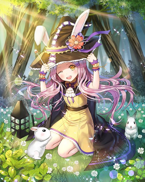 Anime picture 700x875 with original roang single long hair tall image looking at viewer blush open mouth smile sitting holding animal ears yellow eyes pink hair outdoors one eye closed wind wink sunlight teeth