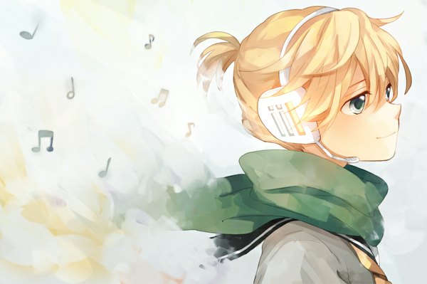 Anime picture 1000x666 with vocaloid kagamine len tama (songe) single short hair blue eyes blonde hair ponytail light smile boy headphones scarf sailor suit musical note
