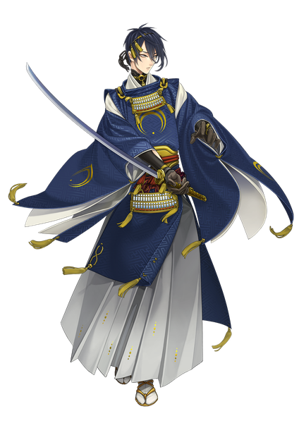 Anime picture 1200x1697 with touken ranbu nitroplus mikazuki munechika ipev single tall image fringe short hair blue eyes black hair hair between eyes holding looking away full body traditional clothes japanese clothes official art transparent background fighting stance sayagata